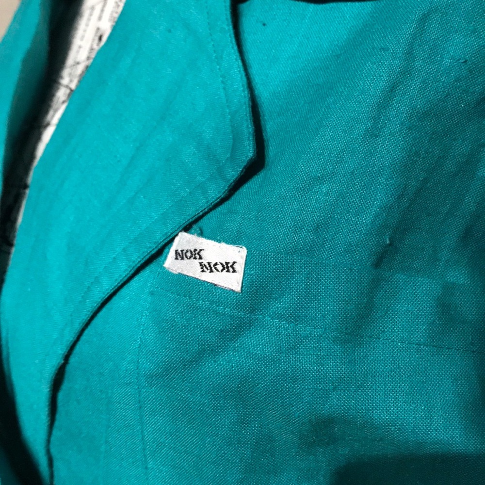 ✈️Nok Nok Vintage Ramie Teal Bodice wrap Overlay shirtdress Shift Sheath Pencil - Picture 7 of 16
